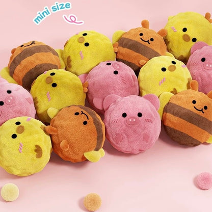 A large pile of the Bouncy Buddies mini plush squeaky balls in bee, chick, and pig designs. The text "mini size" is overlaid, emphasizing their perfect size for small dog mouths.