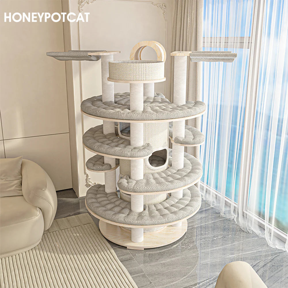The aesthetic HONEYPOTCAT Beverly Crest cat perch seamlessly integrated into a modern living room, showcasing its natural plywood textures.