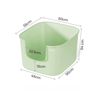 Dimensional diagram of the mint green Mango Cube cat litter pan, showing the spacious interior and low entry step designed for kittens and senior cats.