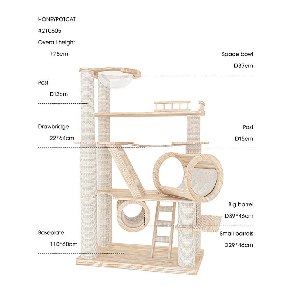 Detailed dimension guide for the Knightsbridge cat tree, showing measurements for the acrylic space bowl, drawbridge, and lounging drill barrels.