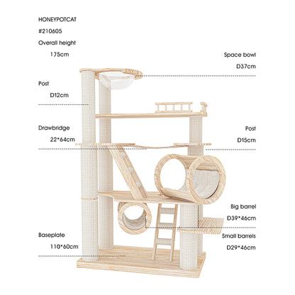 Detailed dimension guide for the Knightsbridge cat tree, showing measurements for the acrylic space bowl, drawbridge, and lounging drill barrels.