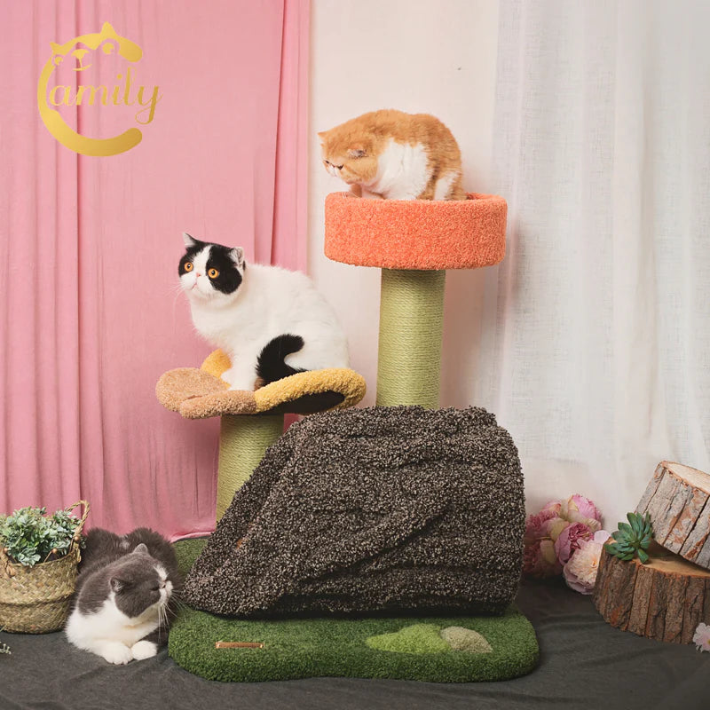 Three cats enjoying the Camily Flower Grove Cat Tree in a cozy room. One cat sits on the flower platform, another on the orange top lookout,