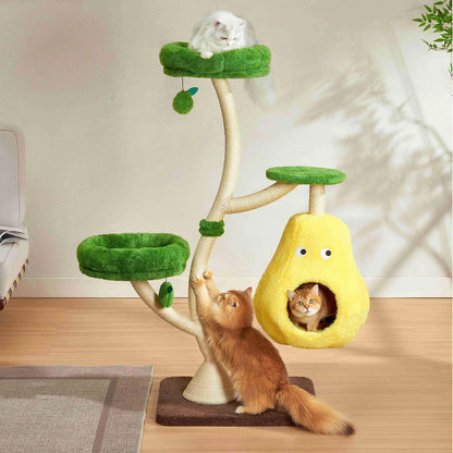 Three cats enjoying the Michu Verde multi-level playground. Features multiple climbing platforms, a durable scratching post, and a cozy pear-shaped nest, easily accommodating multiple cats at once.
