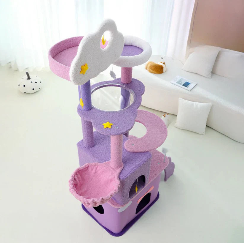 Top-down view of the multi-level fantasy cat climbing tower, highlighting the clear acrylic resting bowl, fun ladder, and whimsical cloud-shaped top platform.