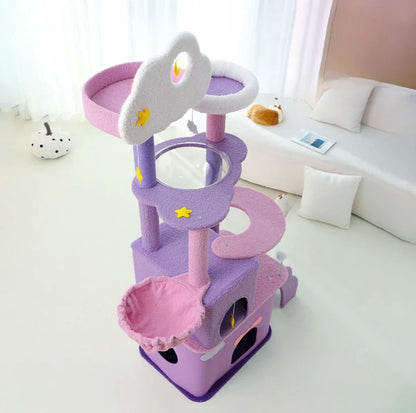 Top-down view of the multi-level fantasy cat climbing tower, highlighting the clear acrylic resting bowl, fun ladder, and whimsical cloud-shaped top platform.