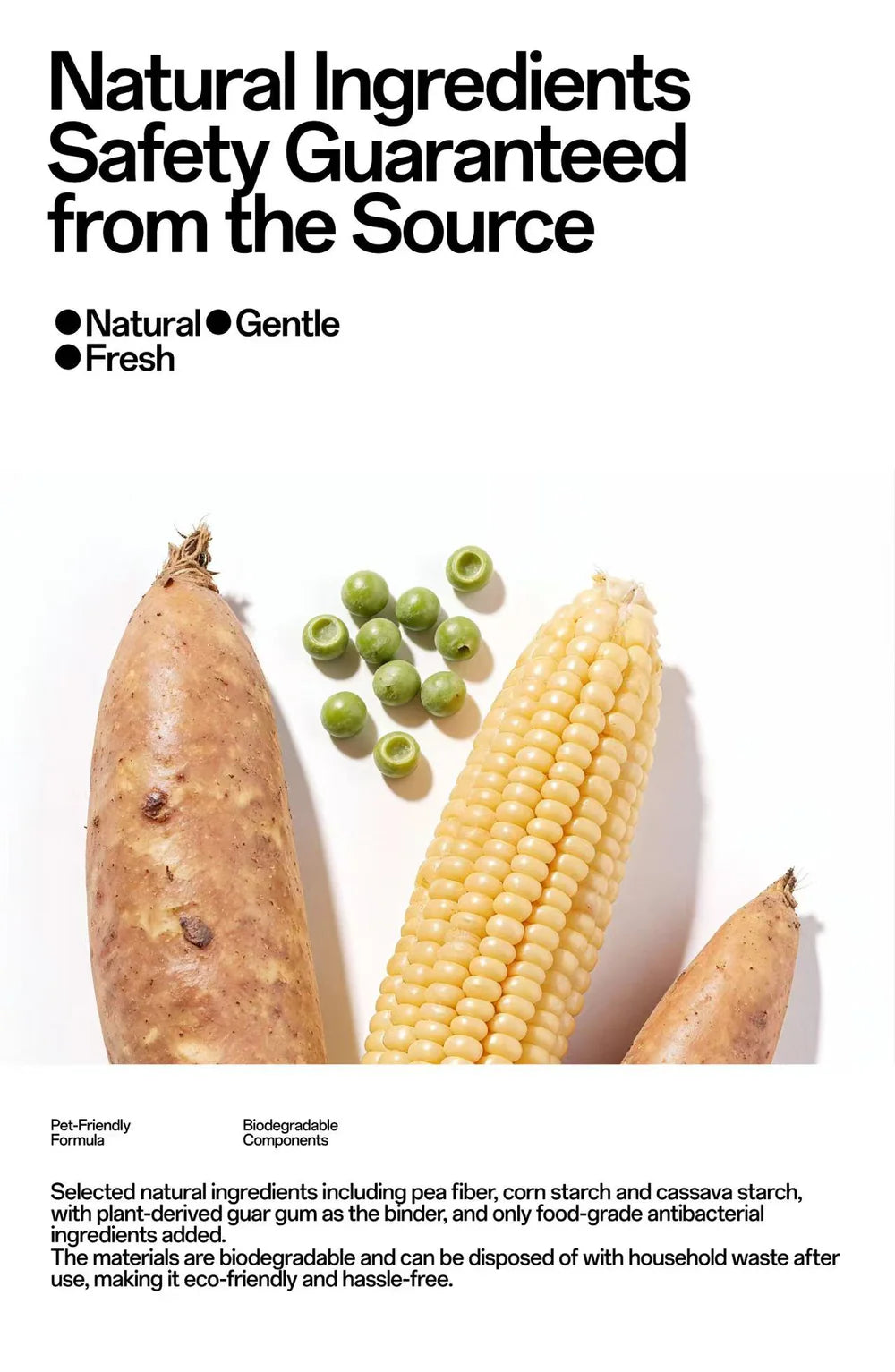 Raw natural ingredients of FluffyMW cat litter displayed on a white surface, including cassava, green peas, and corn, highlighting its safe and biodegradable components.