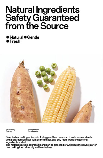Raw natural ingredients of FluffyMW cat litter displayed on a white surface, including cassava, green peas, and corn, highlighting its safe and biodegradable components.