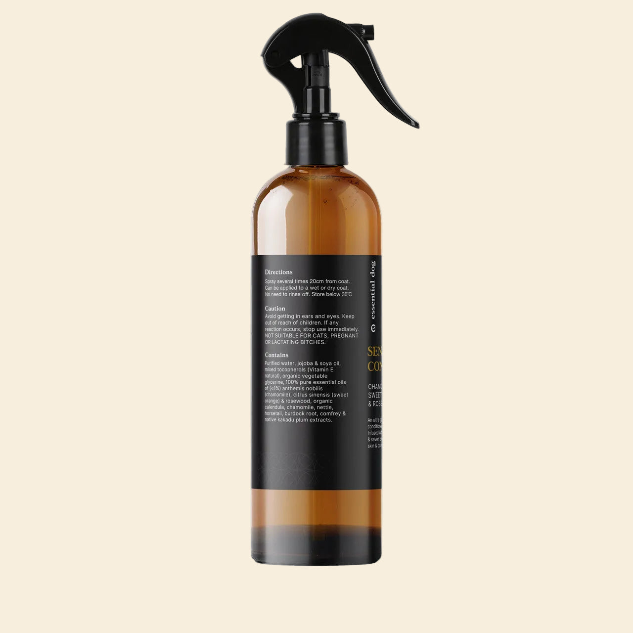 Back label of the dog conditioner showing directions for wet and dry coats. Enriched with Australian native oils and certified organic extracts to restore moisture barriers