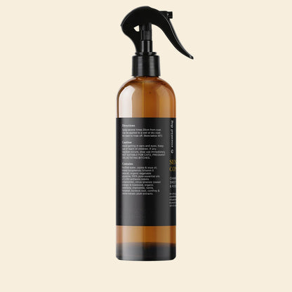 Back label of the dog conditioner showing directions for wet and dry coats. Enriched with Australian native oils and certified organic extracts to restore moisture barriers