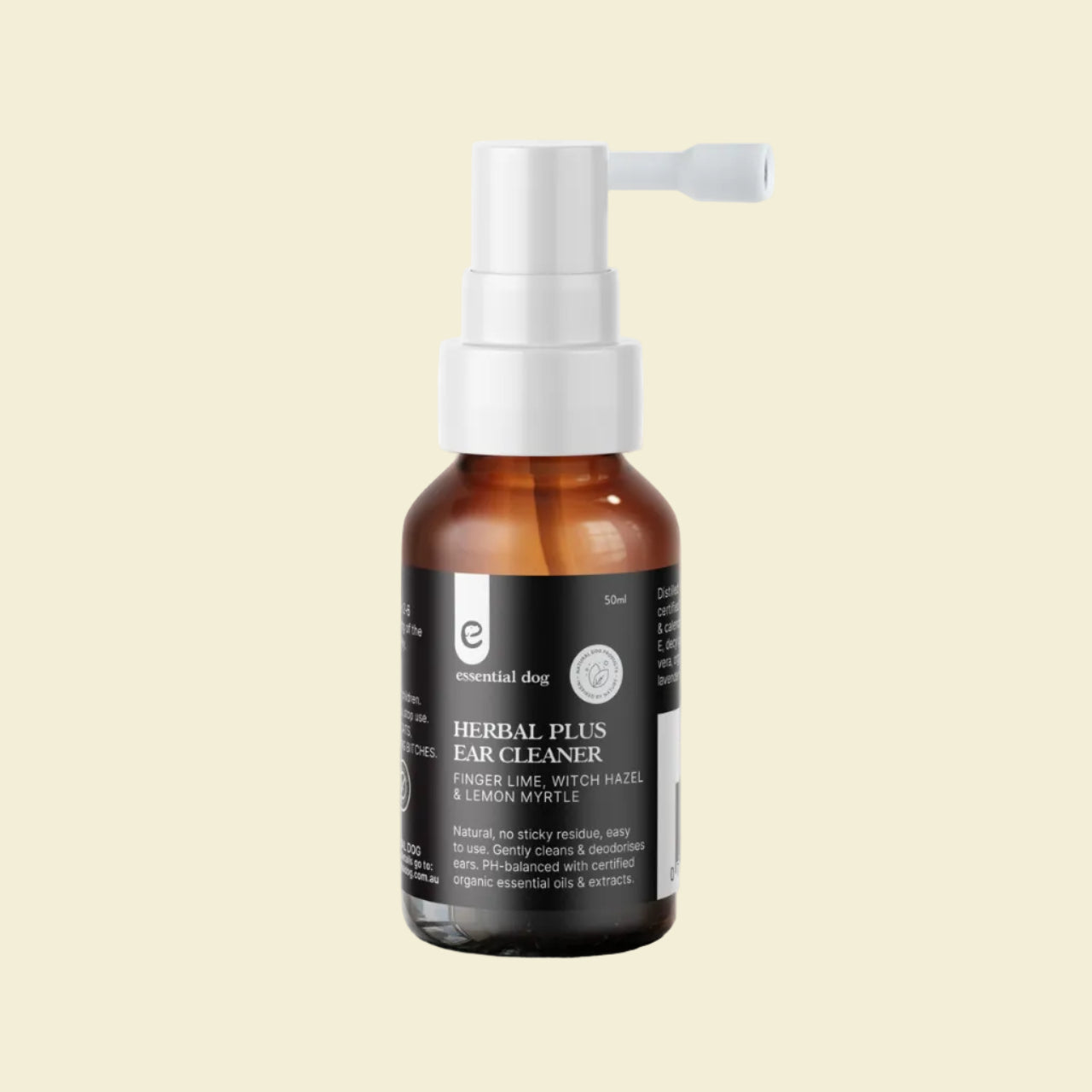 Front view of the Essential Dog Herbal Plus Ear Cleaner bottle, highlighting the plant-based formula featuring finger lime, witch hazel, and lemon myrtle for gentle, PH-balanced deodorising.