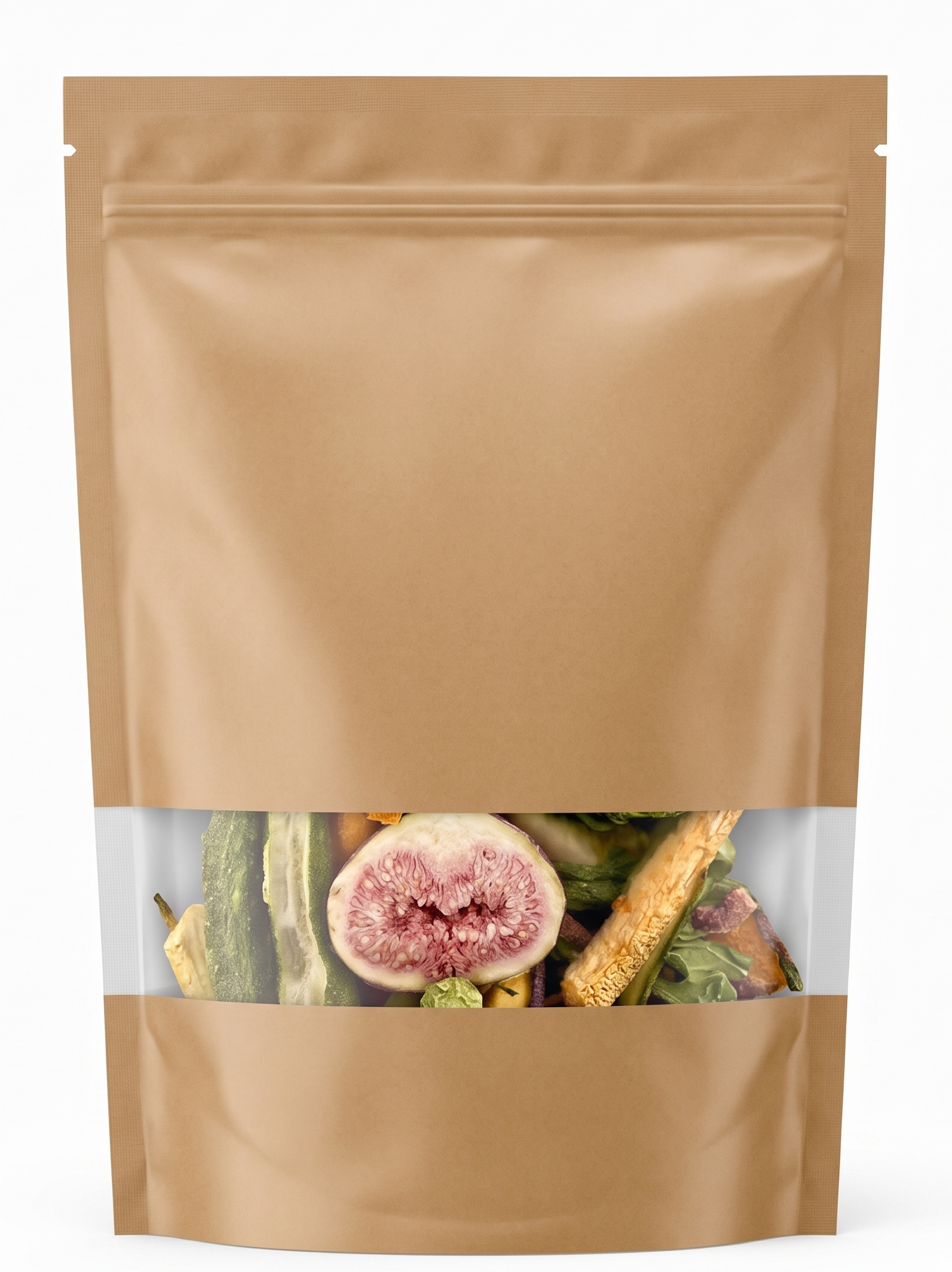 A clean, professional view of a resealable kraft paper pouch containing Freeze-Dried Mixed Vegetables &amp; Fruits for dogs. The transparent viewing window reveals a colorful superfood blend including figs, okra, and leafy greens.