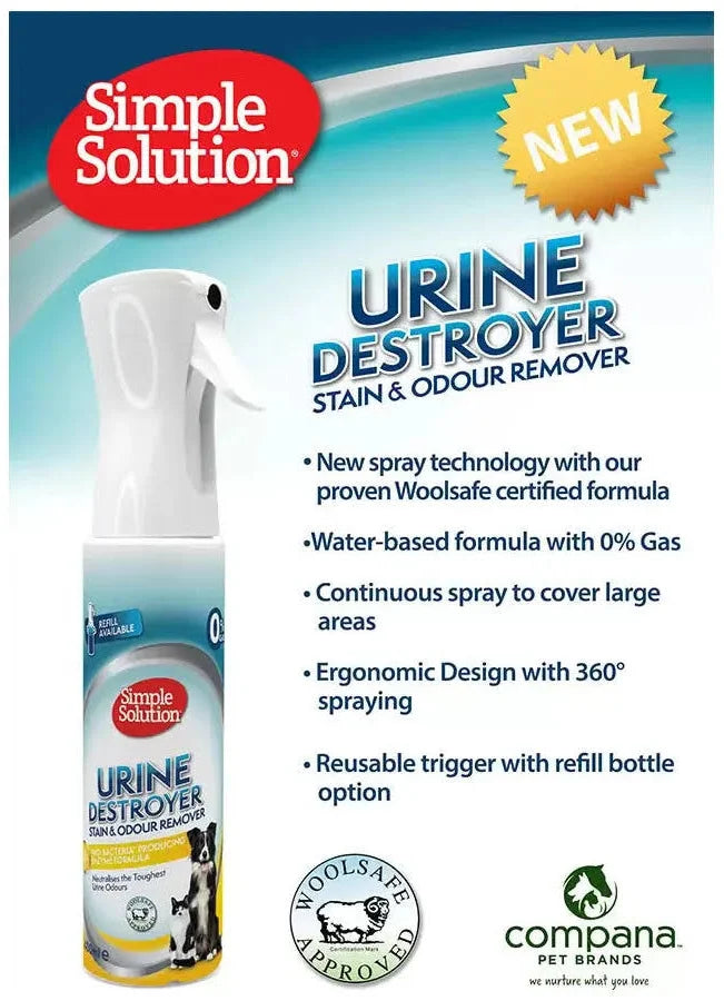 An advertisement for the new Simple Solution Urine Destroyer, detailing the continuous spray technology, ergonomic 360-degree spraying, reusable trigger, and the Compana Pet Brands logo.