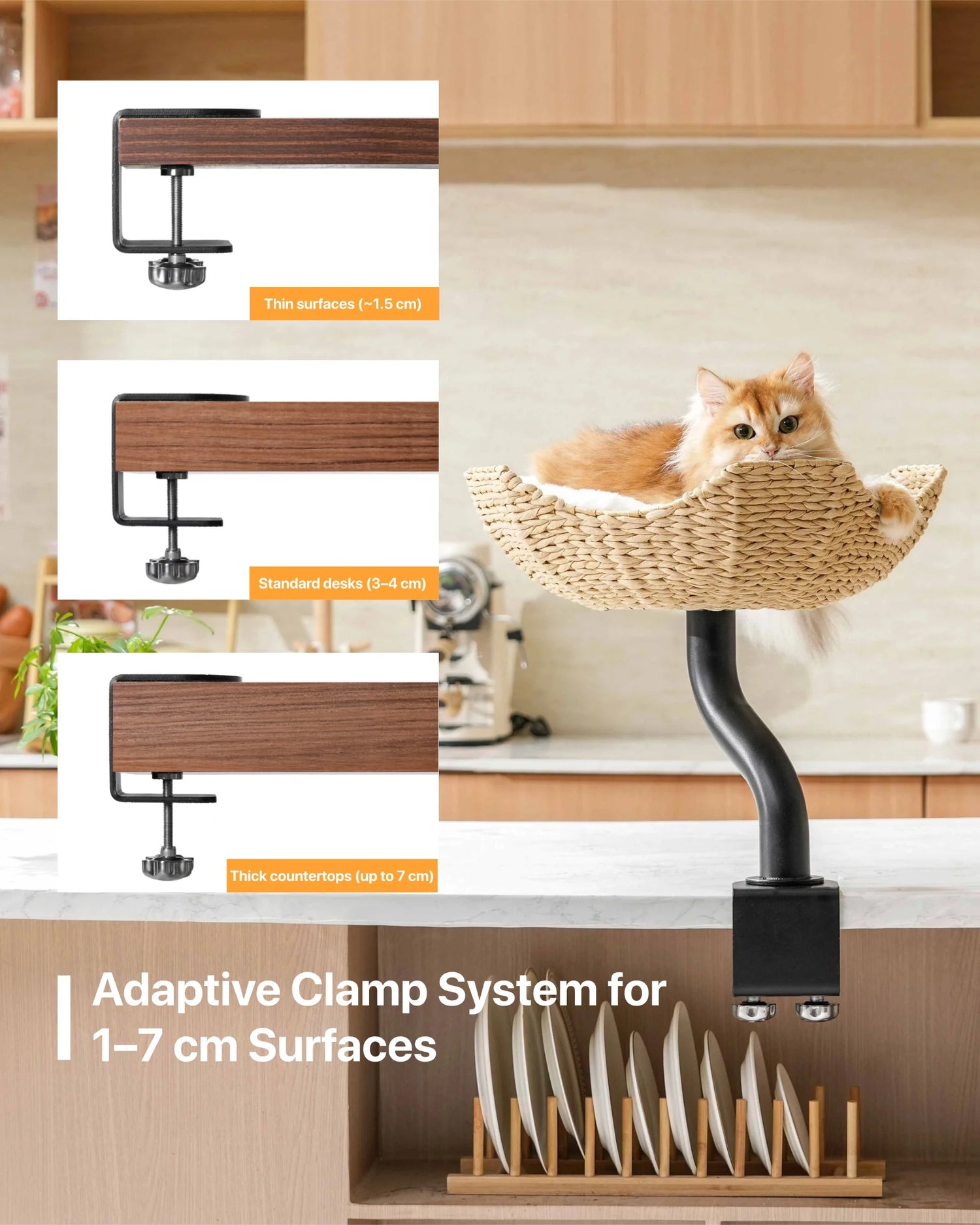 Demonstration of the adaptive dual-screw clamp system fitting various surfaces from thin 1.5cm desks to thick 7cm countertops without damaging the surface.