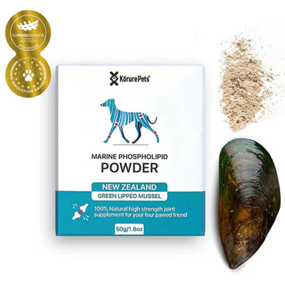 Kōrure Pets Marine Phospholipid Powder next to NZ Food Awards badges, a scoop of powder, and a Green Lipped Mussel shell. Highlighting 100% natural high-strength joint support.
