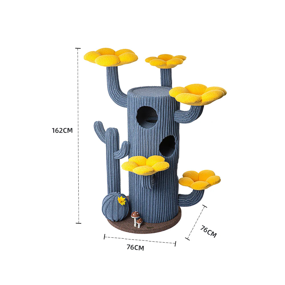 Overall dimensions of the ocean-blue HONEYPOTCAT Luxe Cactus cat tower, showing a tall 162cm height and a rock-solid 76cm baseplate.