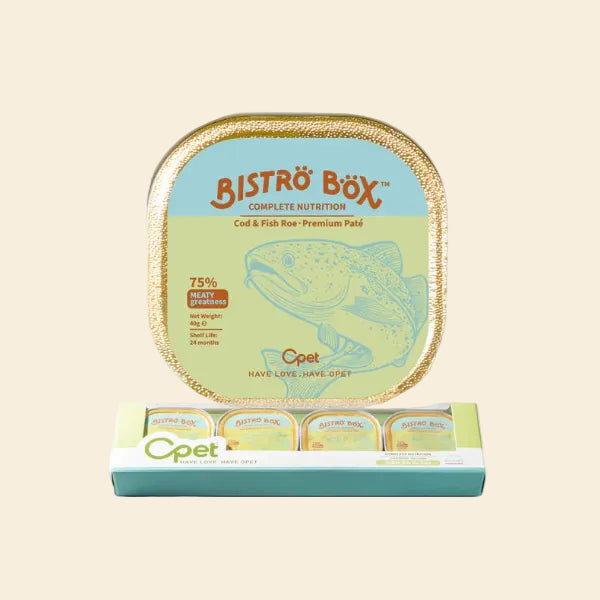 A top-down view of a single OPET Bistro Box Cod &amp; Fish Roe 40g tray placed above its light blue and green multipack retail display box, showing how the individual trays are packaged.