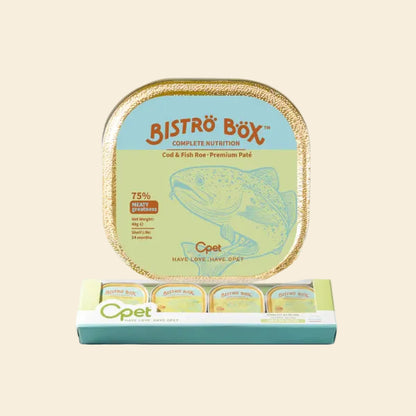 A top-down view of a single OPET Bistro Box Cod &amp; Fish Roe 40g tray placed above its light blue and green multipack retail display box, showing how the individual trays are packaged.