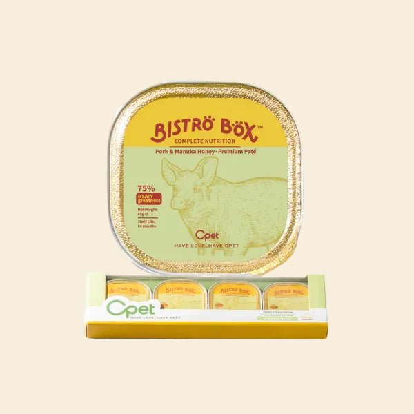 A top-down view of a single OPET Bistro Box Pork &amp; Manuka Honey 40g tray placed above its yellow multipack retail display box, showing how the four individual peel-and-serve trays are neatly packaged.