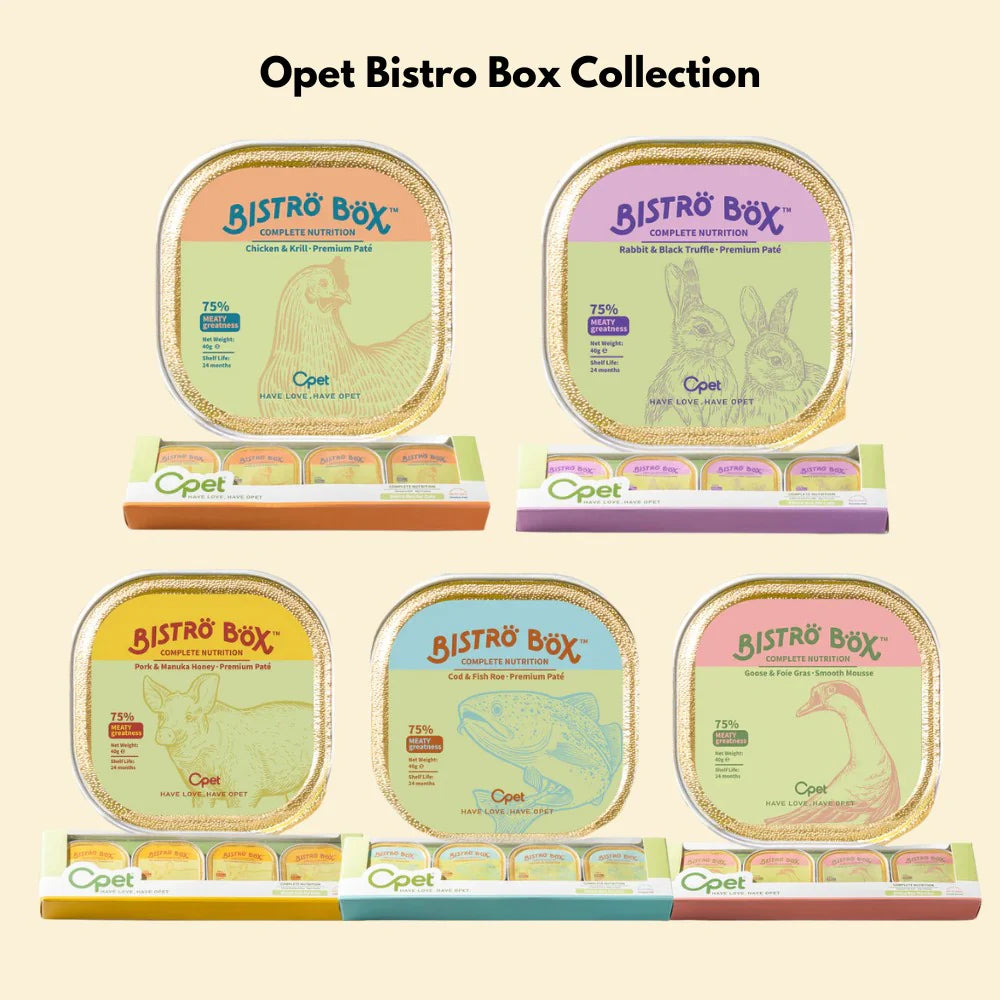 The complete OPET Bistro Box Collection featuring all five premium wet cat food flavors: Chicken &amp; Krill, Rabbit &amp; Black Truffle, Pork &amp; Manuka Honey, Cod &amp; Fish Roe, and Goose &amp; Foie Gras. Each flavor is displayed as a single 40g gold tray above its 4-pack retail box, representing the ultimate 20-tray gourmet tasting bundle.