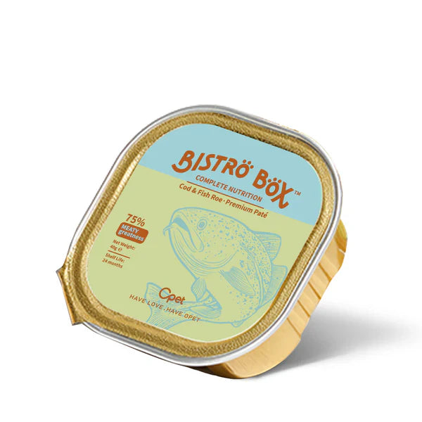 An angled view of a single 40g gold foil tray of OPET Bistro Box Wet Cat Food. The light blue and green label features a fish illustration and highlights "Cod &amp; Fish Roe Premium Pâté" and "75% Meaty Greatness."