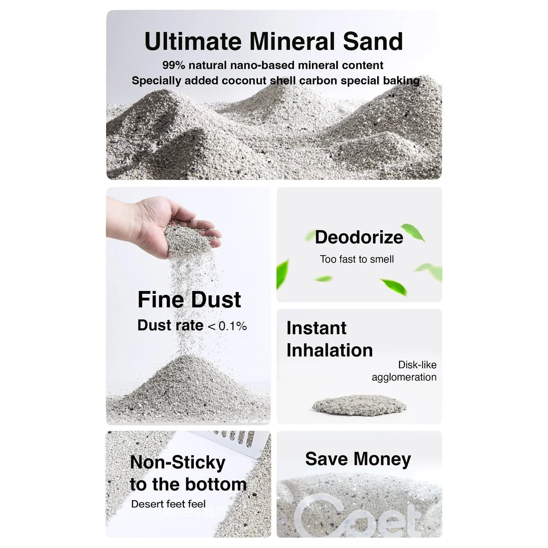 OPET mineral cat litter feature graphic showing low dust, odour control, firm clumping and reduced tray sticking
