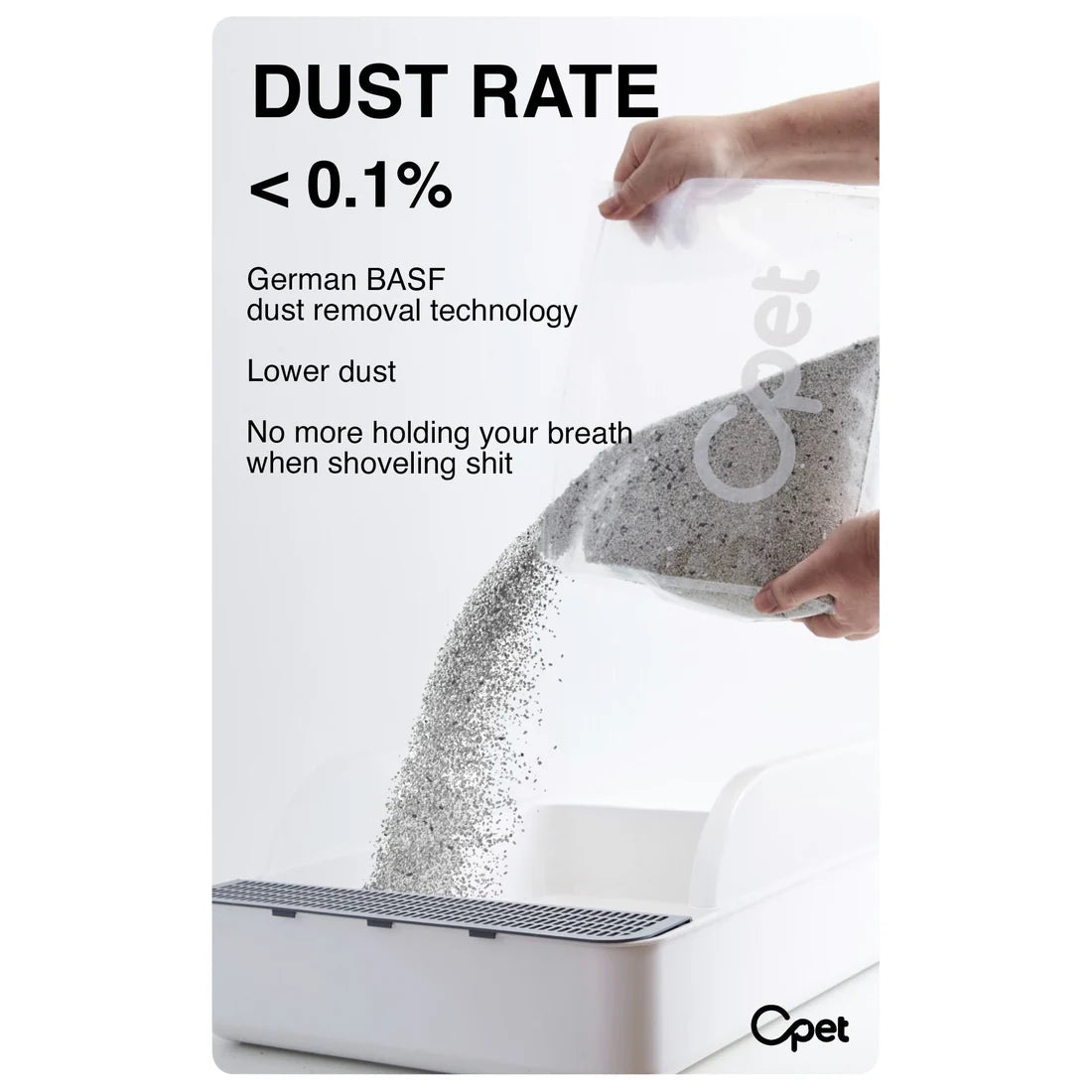 dust-under-0-1-percent.webp	OPET cat litter pouring demonstration showing a manufacturer-stated dust rate below 0.1 percent