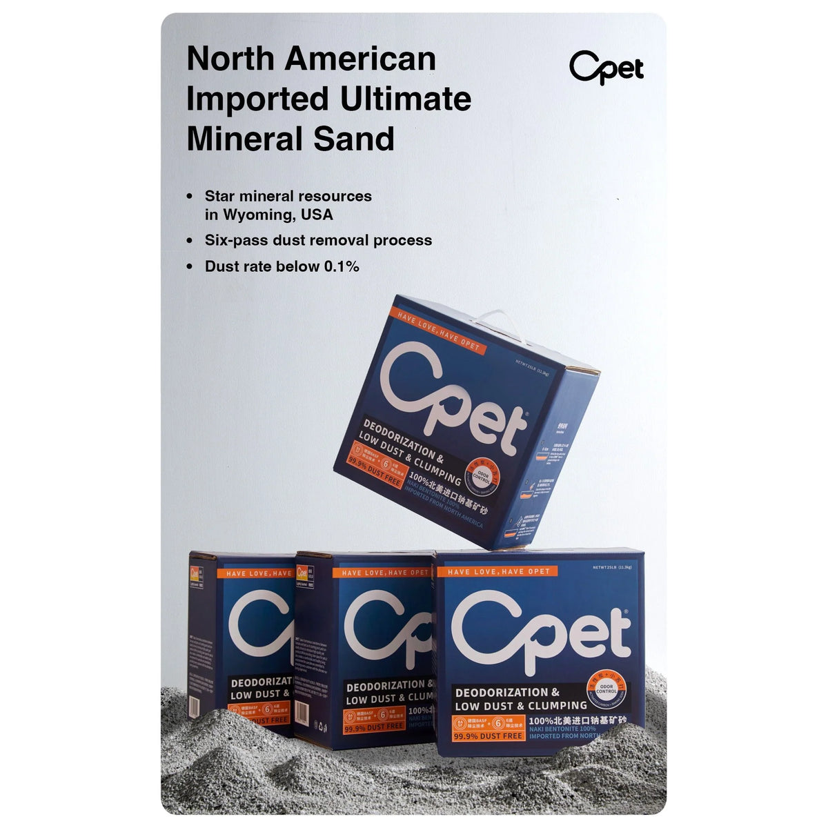 Four OPET sodium bentonite cat litter boxes displayed in a Wyoming mineral source promotional image