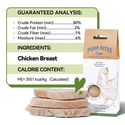 OPET Purr Bites chicken breast ingredient and guaranteed analysis with 80 percent minimum crude protein