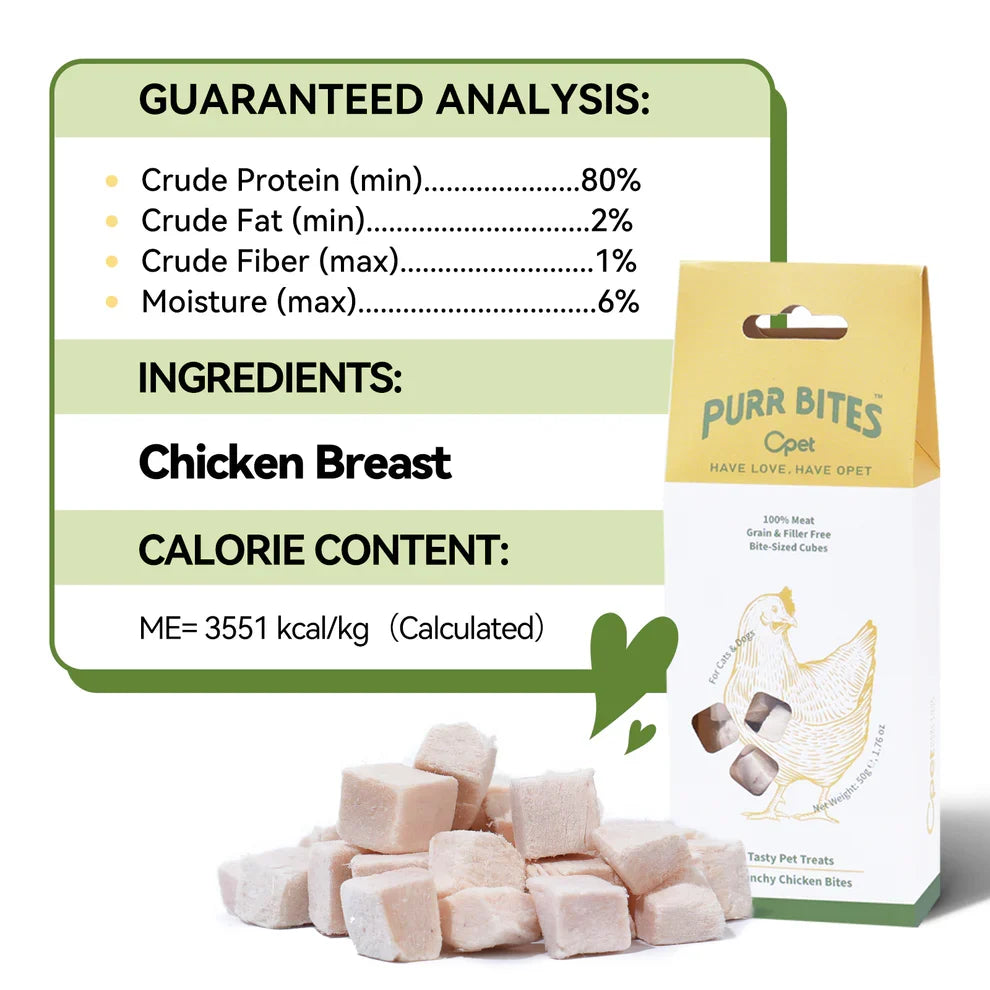 OPET Purr Bites chicken breast ingredient and guaranteed analysis with 80 percent minimum crude protein