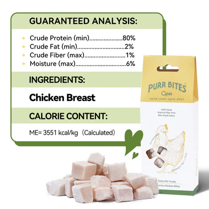 OPET Purr Bites chicken breast ingredient and guaranteed analysis with 80 percent minimum crude protein