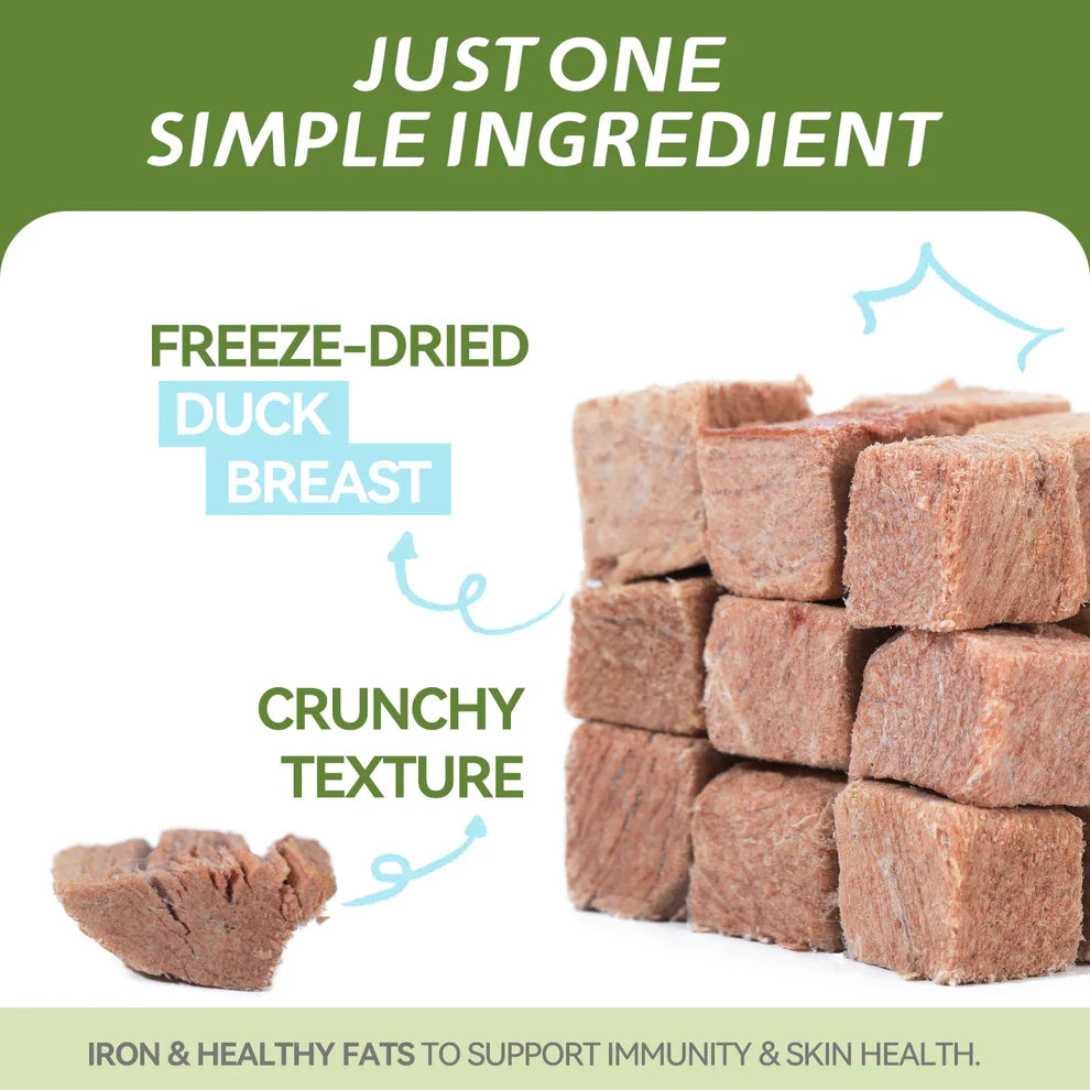 Close-up of freeze-dried duck breast cubes showing their natural crunchy meat texture