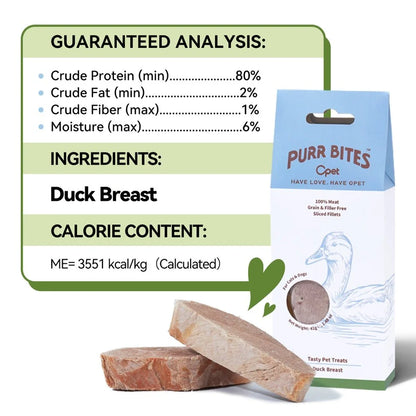 OPET Purr Bites duck breast ingredient and guaranteed analysis with 80 percent minimum crude protein