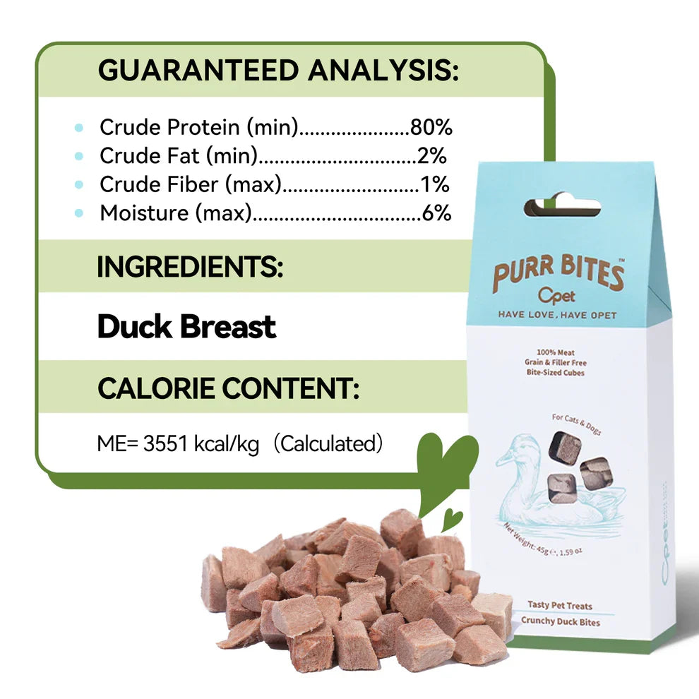 OPET Purr Bites duck breast ingredient and guaranteed analysis with 80 percent minimum crude protein