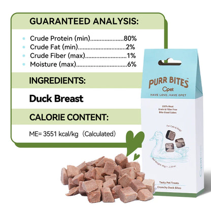 OPET Purr Bites duck breast ingredient and guaranteed analysis with 80 percent minimum crude protein