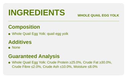 OPET Purr Bites ingredient and guaranteed analysis showing whole quail egg yolk with no additives