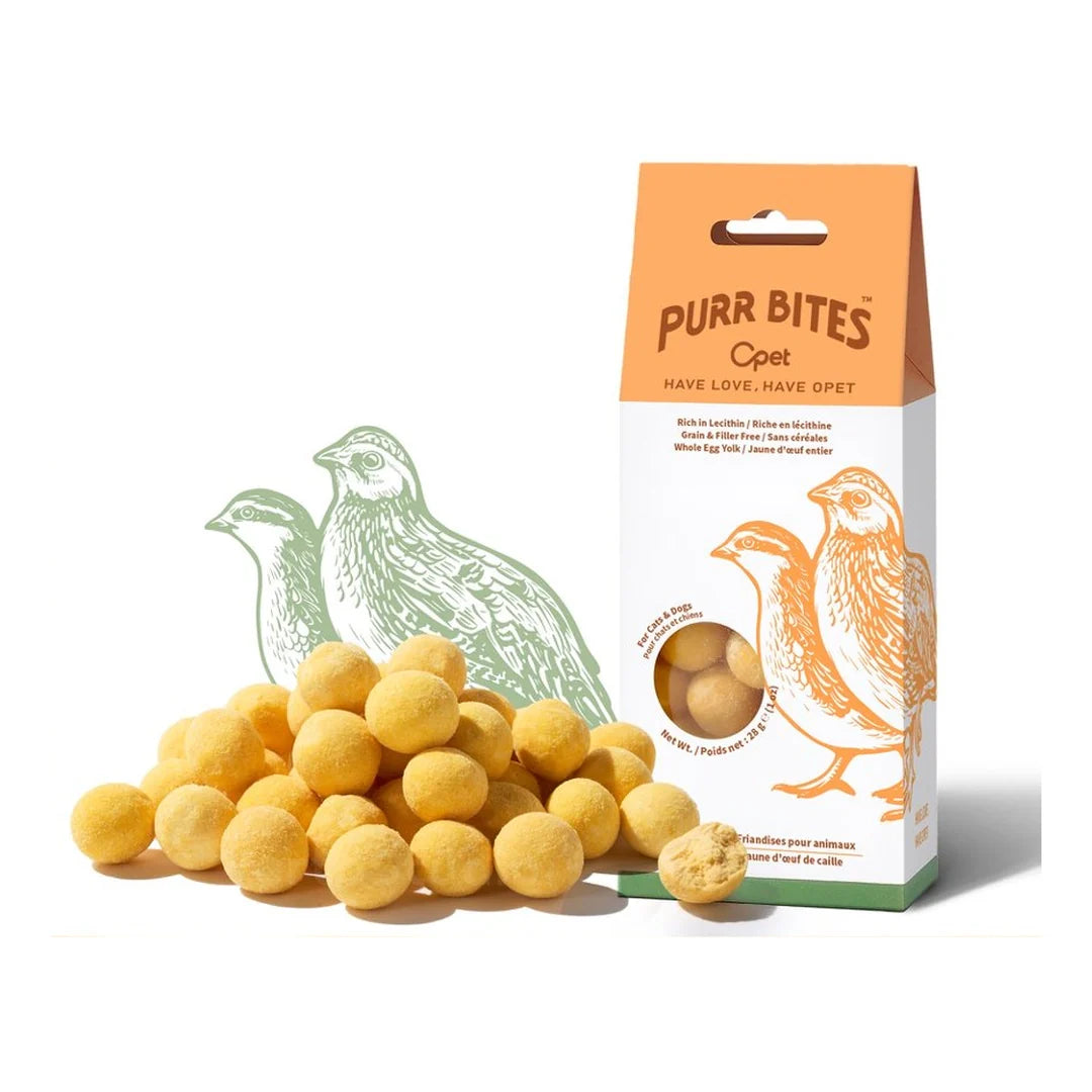 OPET Purr Bites freeze-dried whole quail egg yolk treats for dogs and cats in a 28g box