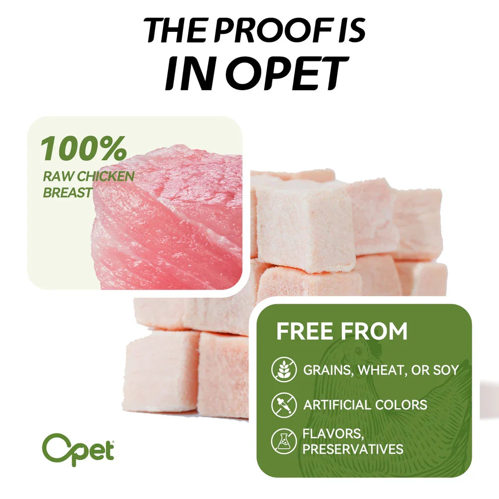 Comparison of raw chicken breast and finished OPET freeze-dried chicken breast cubes