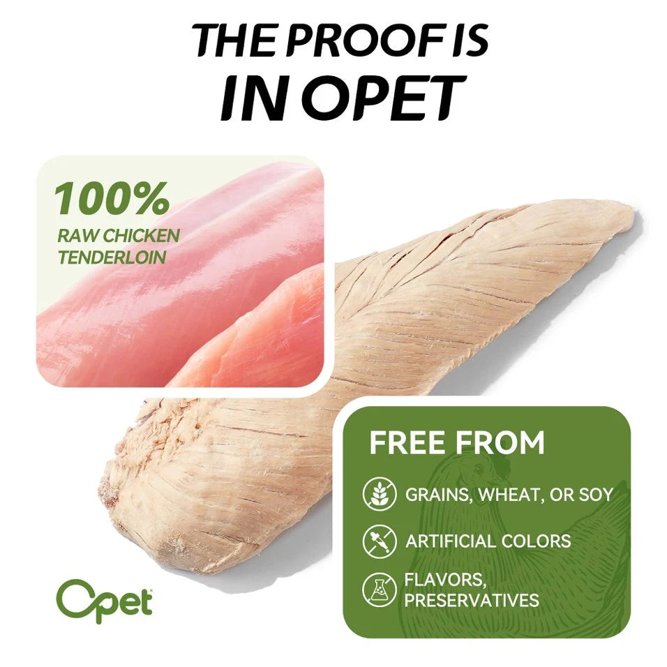 Comparison of raw chicken tenderloin and the finished OPET freeze-dried whole fillet treat