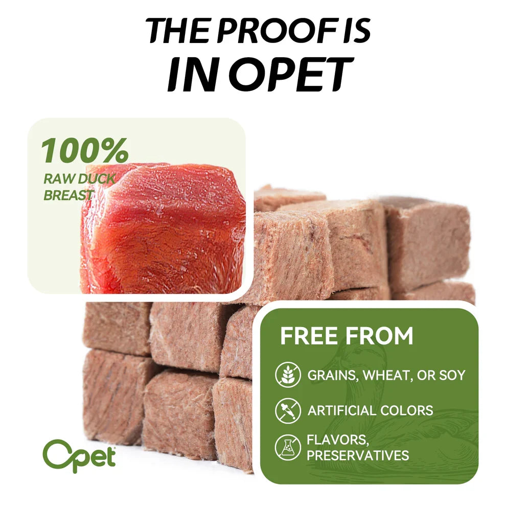 Comparison of raw duck breast and finished OPET freeze-dried duck breast cubes