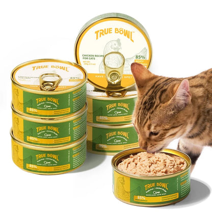 Cat eating OPET TRUE BÖWL Chicken Recipe pâté beside stacked 100g wet cat food cans