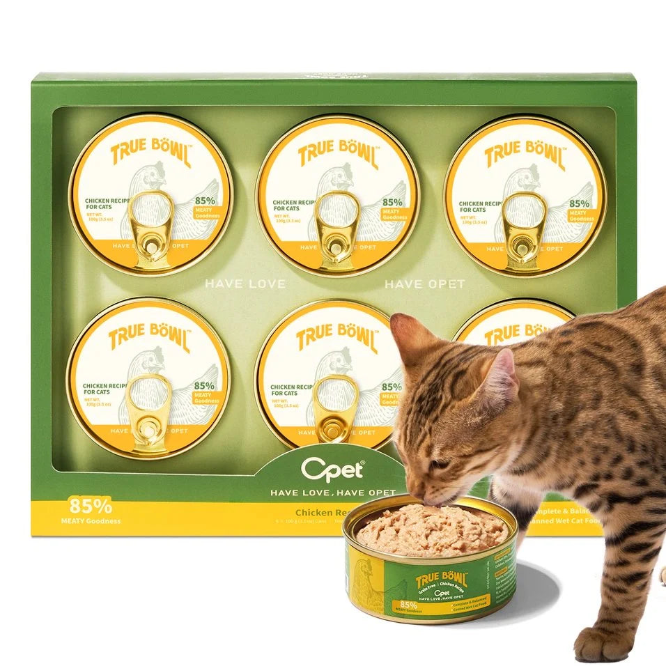 OPET TRUE BÖWL Chicken Recipe wet cat food 6 x 100g pack with an open can of pâté and a cat