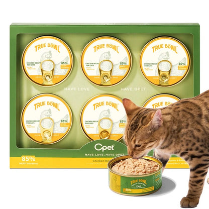 OPET TRUE BÖWL Chicken Recipe wet cat food 6 x 100g pack with an open can of pâté and a cat