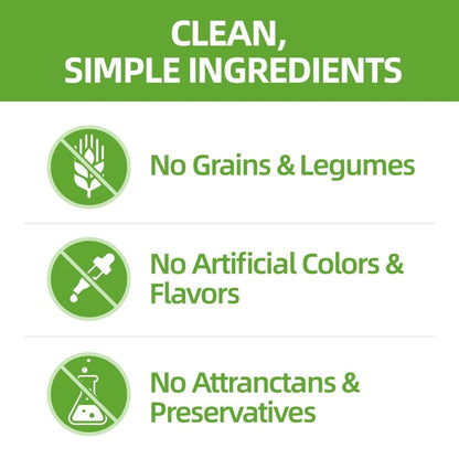 Clean ingredients graphic stating no grains, legumes, artificial colours, flavours, attractants or preservatives
