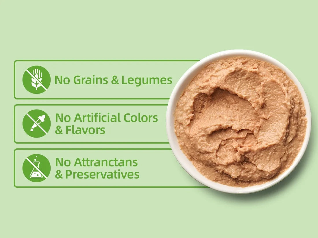 Bowl of chicken pâté with grain-free recipe claims and no artificial colours, flavours or preservatives