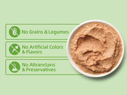 Bowl of chicken pâté with grain-free recipe claims and no artificial colours, flavours or preservatives