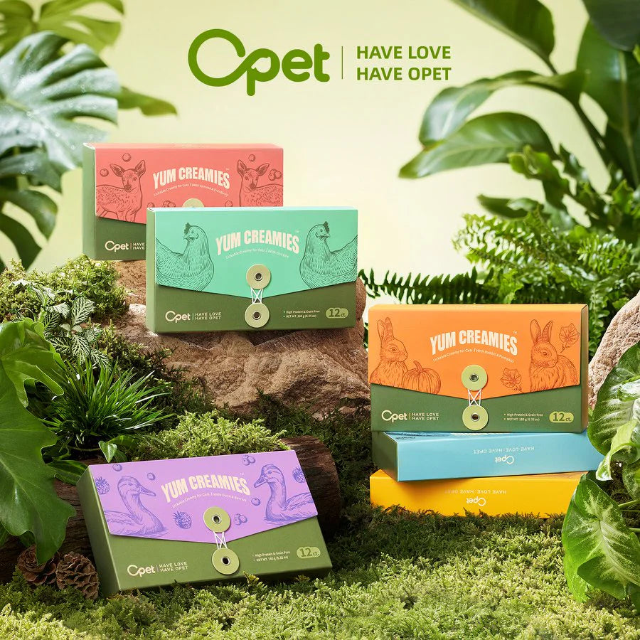 Four boxes of OPET Yum Creamies cat treats, including the green Classic Chicken Mousse box, beautifully displayed in a natural forest setting with moss, rocks, and green leaves to emphasize grain-free purity.