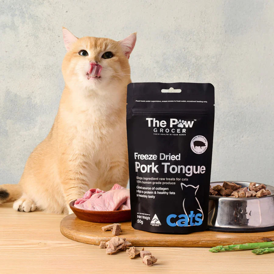 An adorable orange cat licking its lips eagerly next to The Paw Grocer Freeze-Dried Pork Tongue, an irresistibly tasty novel protein treat displayed with fresh raw meat.