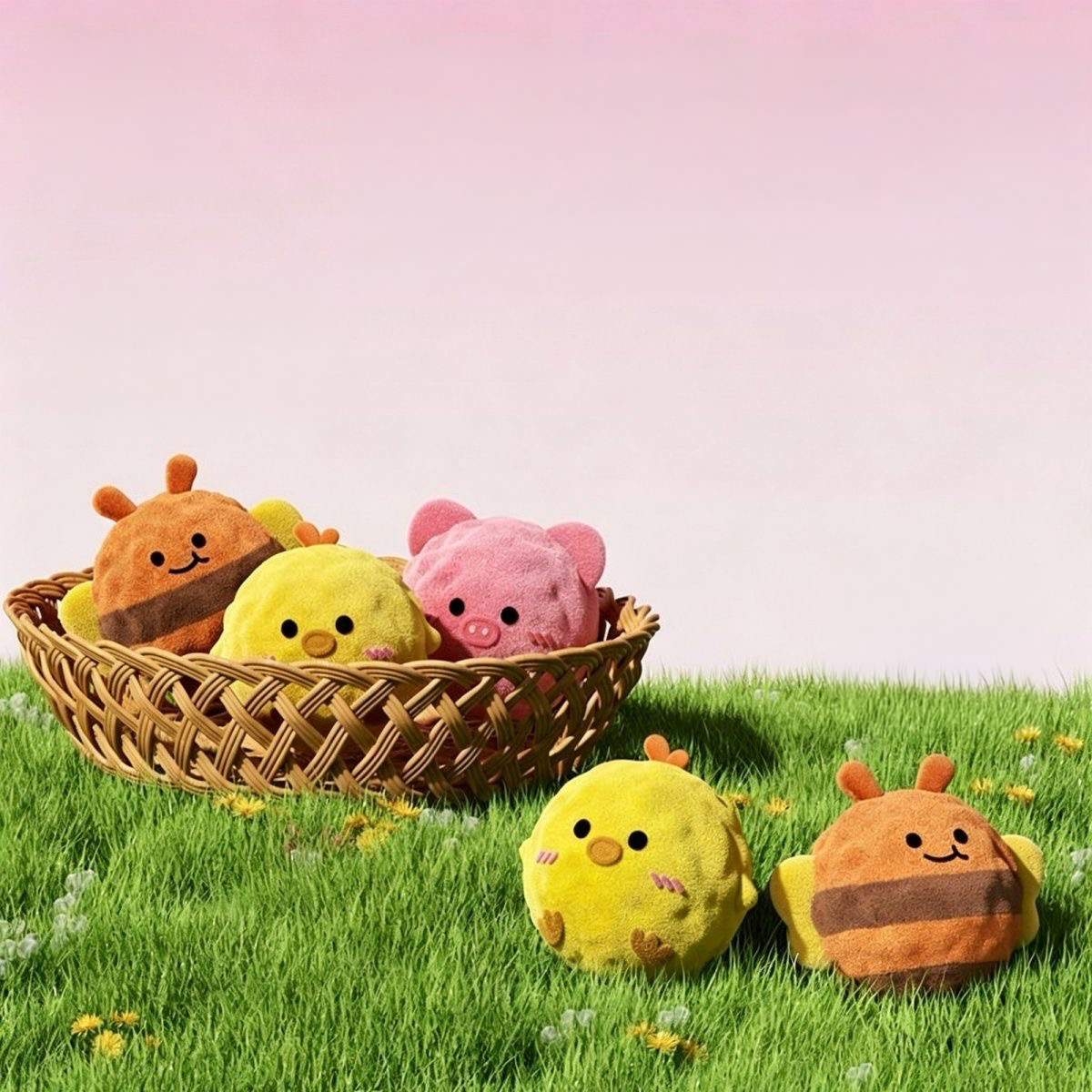 Three Bouncy Buddies plush squeaky balls displayed in a woven picnic basket on green grass, highlighting them as perfect companions for outdoor park playdates.