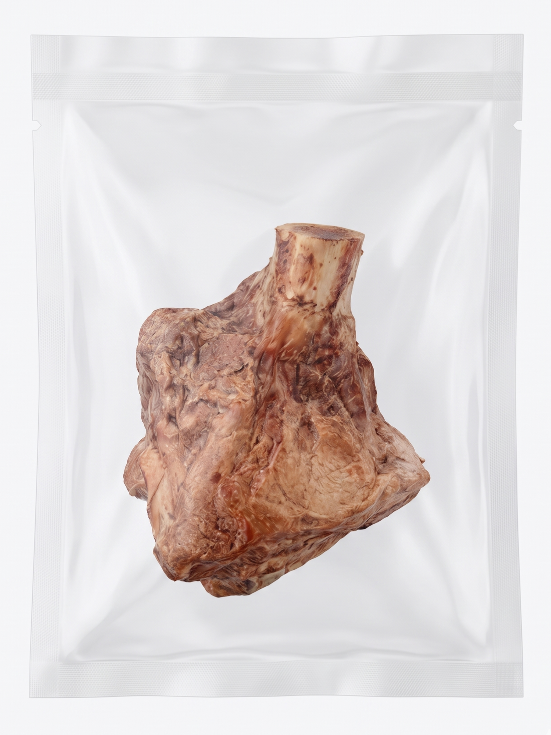 A large, natural freeze-dried lamb shank bone packaged neatly inside a clear pouch, highlighting this mess-free, long-lasting dental chew for dogs.