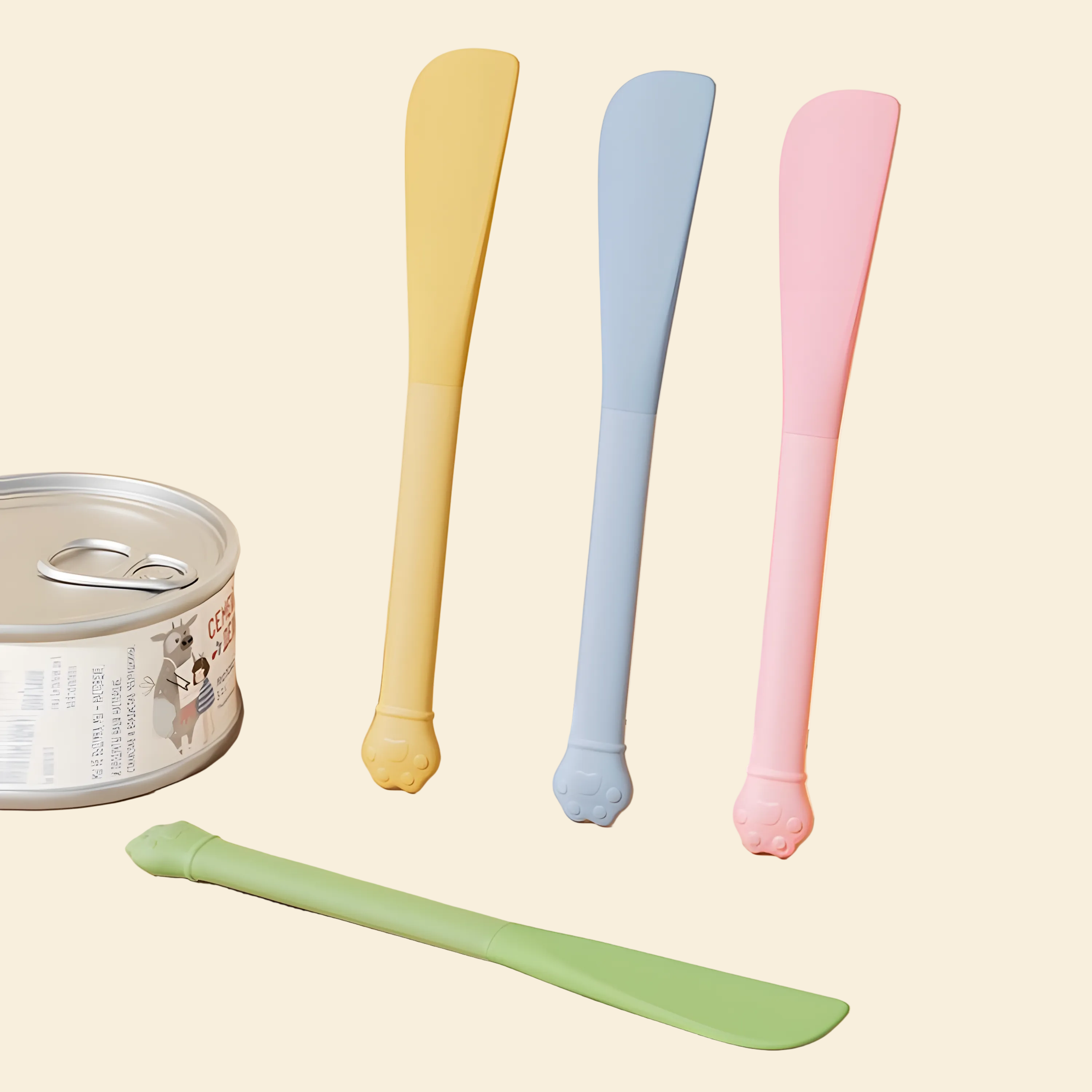 Four 3-in-1 silicone cat food spatulas in pastel yellow, blue, pink, and green next to a wet food tin, showcasing their aesthetic design.